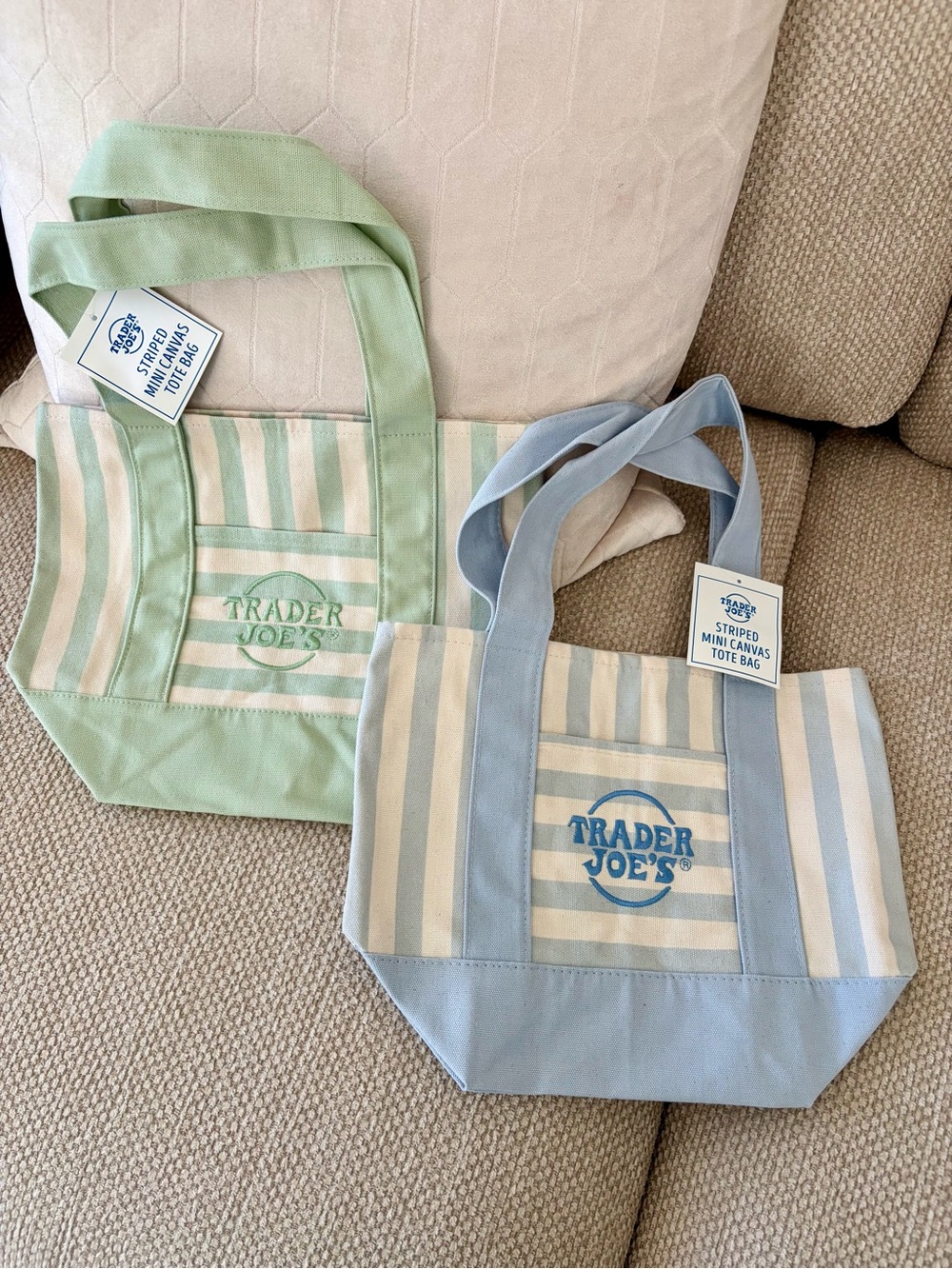 Trader Joe’s Mini Tote Bag Stripe Blue & Green 2026 Mini Canvas Tote Bag Set NEW